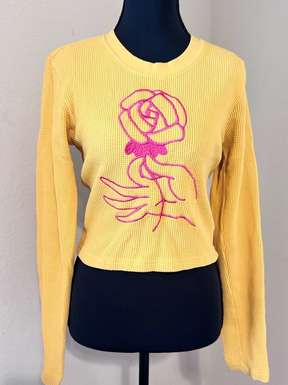 Yellow Long Sleeve Top with Pink Rose Embroidery